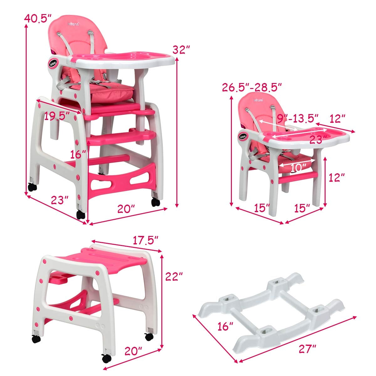 3-in-1 Baby High Chair with Lockable Universal Wheels-Gray
