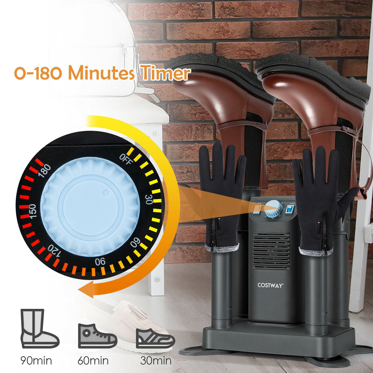 Electric Shoe Boot Dryer 4 Shoes with 180 Mins Timer Ozone Disinfection-Black