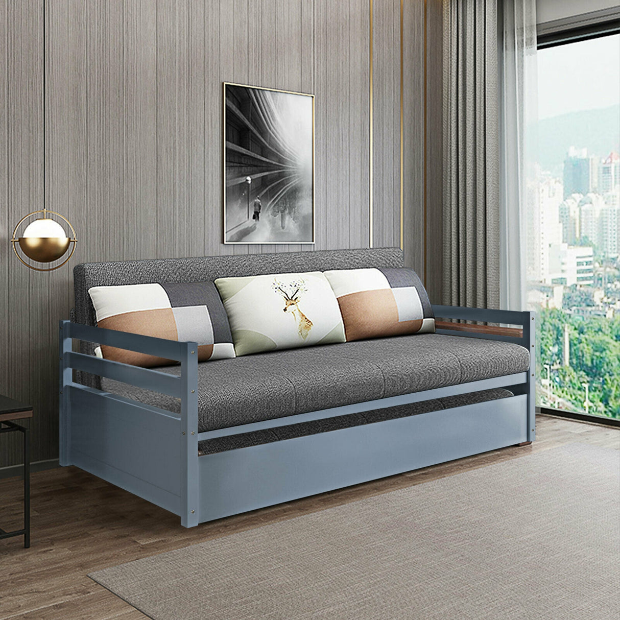 Twin Size Trundle Platform Bed Frame with Wooden Slat Support-Gray