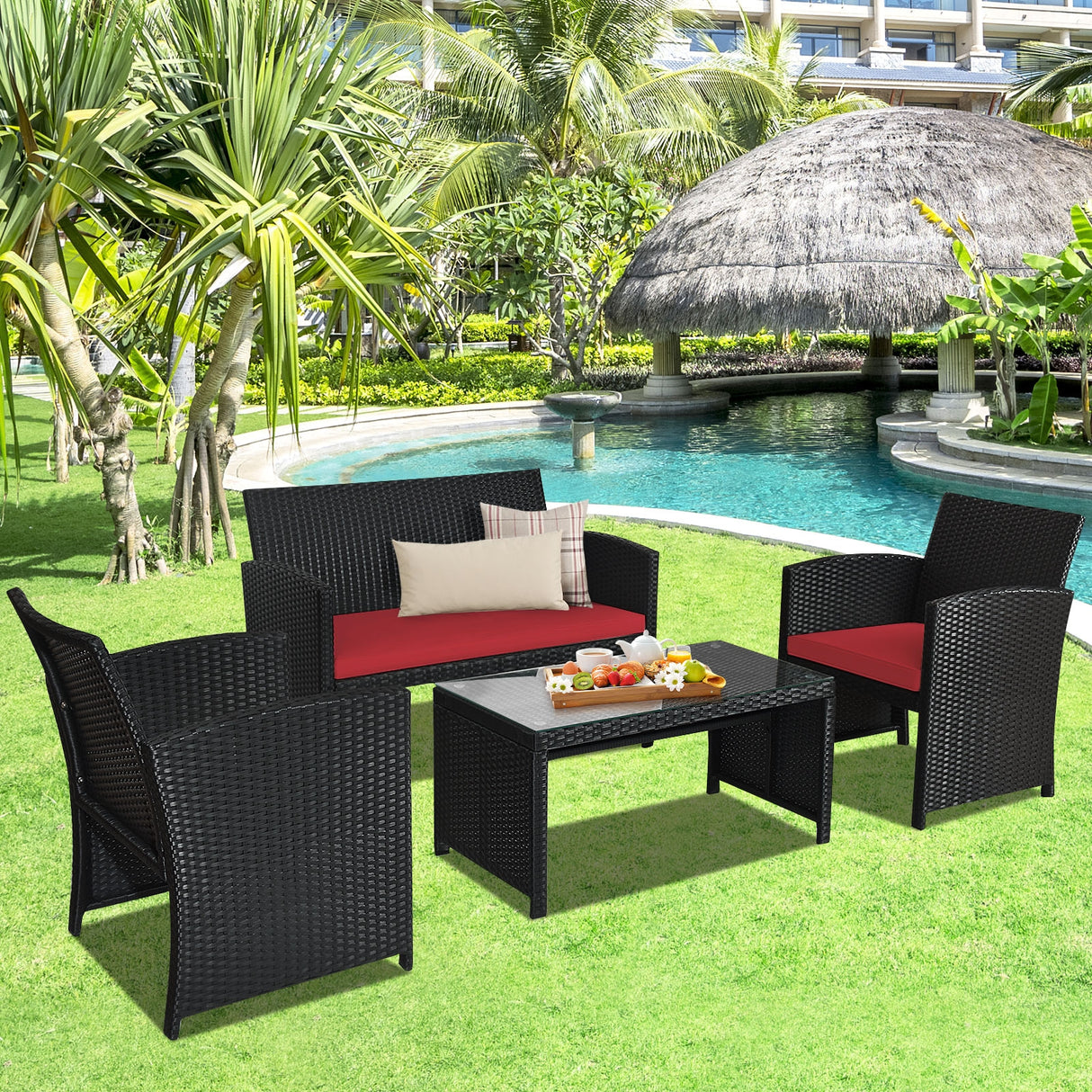4 Pieces Rattan Patio Furniture Set with Weather Resistant Cushions and Tempered Glass Tabletop-White