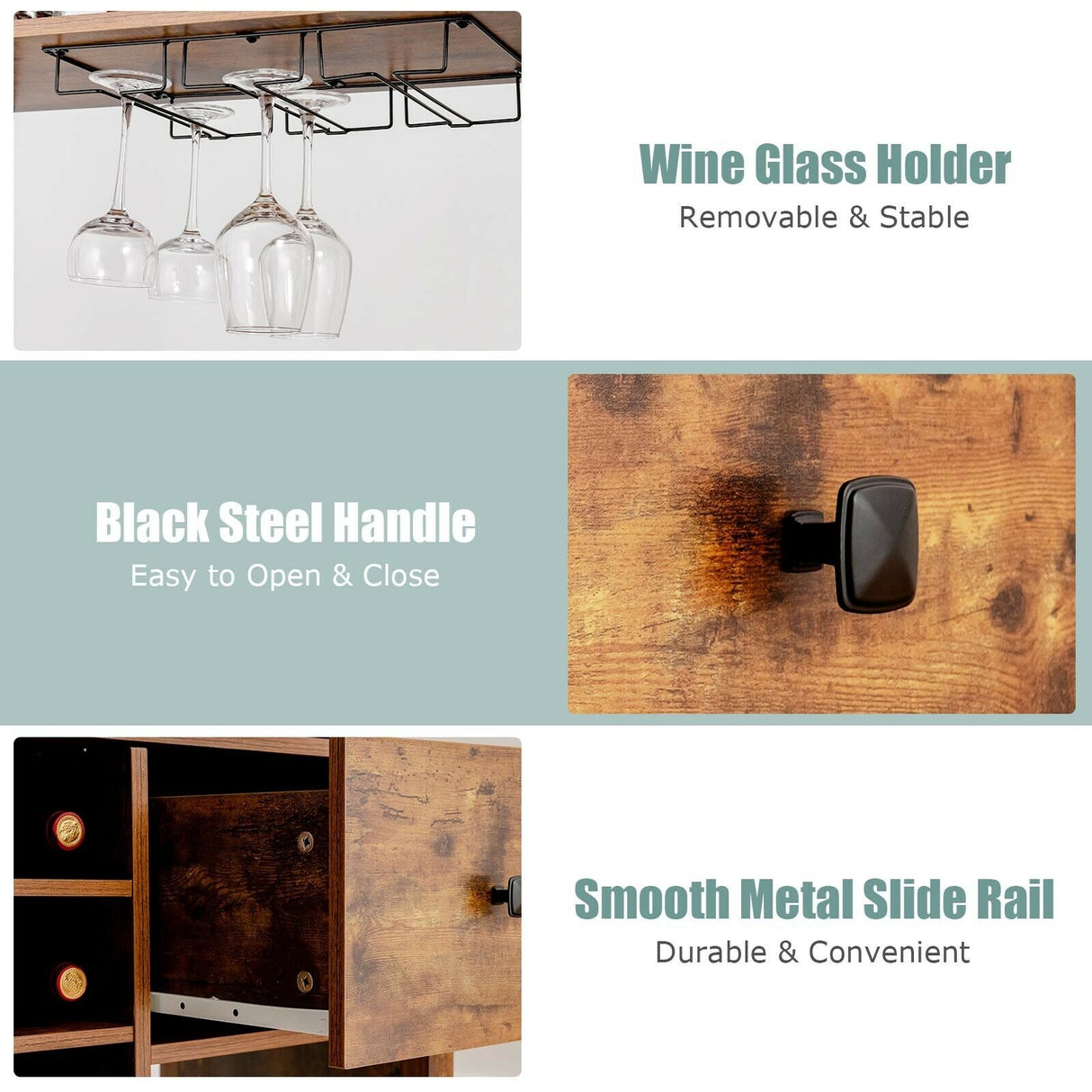 Kitchen Bakers Rack Freestanding Wine Rack Table with Glass Holder and Drawer-Black