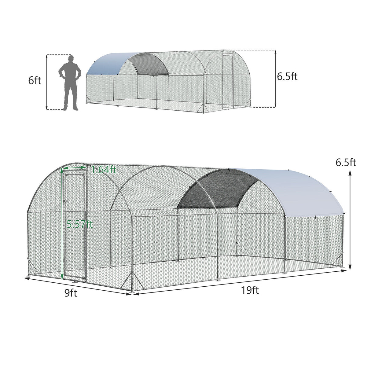 6.2 Feet/12.5 Feet/19 Feet Large Metal Chicken Coop Outdoor Galvanized Dome Cage with Cover-L