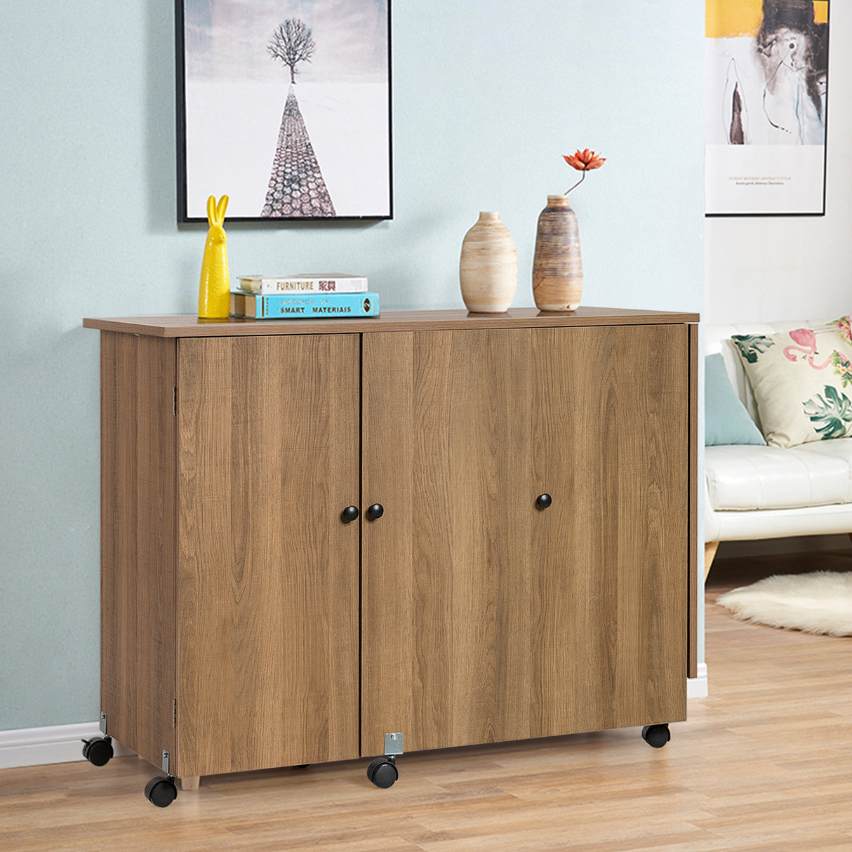 Folding Sewing Table Shelves Storage Cabinet Craft Cart with Wheels-White