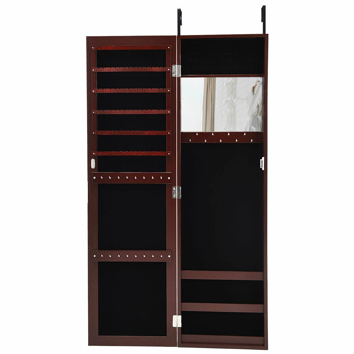 Full Length Mirror Jewelry Cabinet with Ring Slots and Necklace Hooks-Black