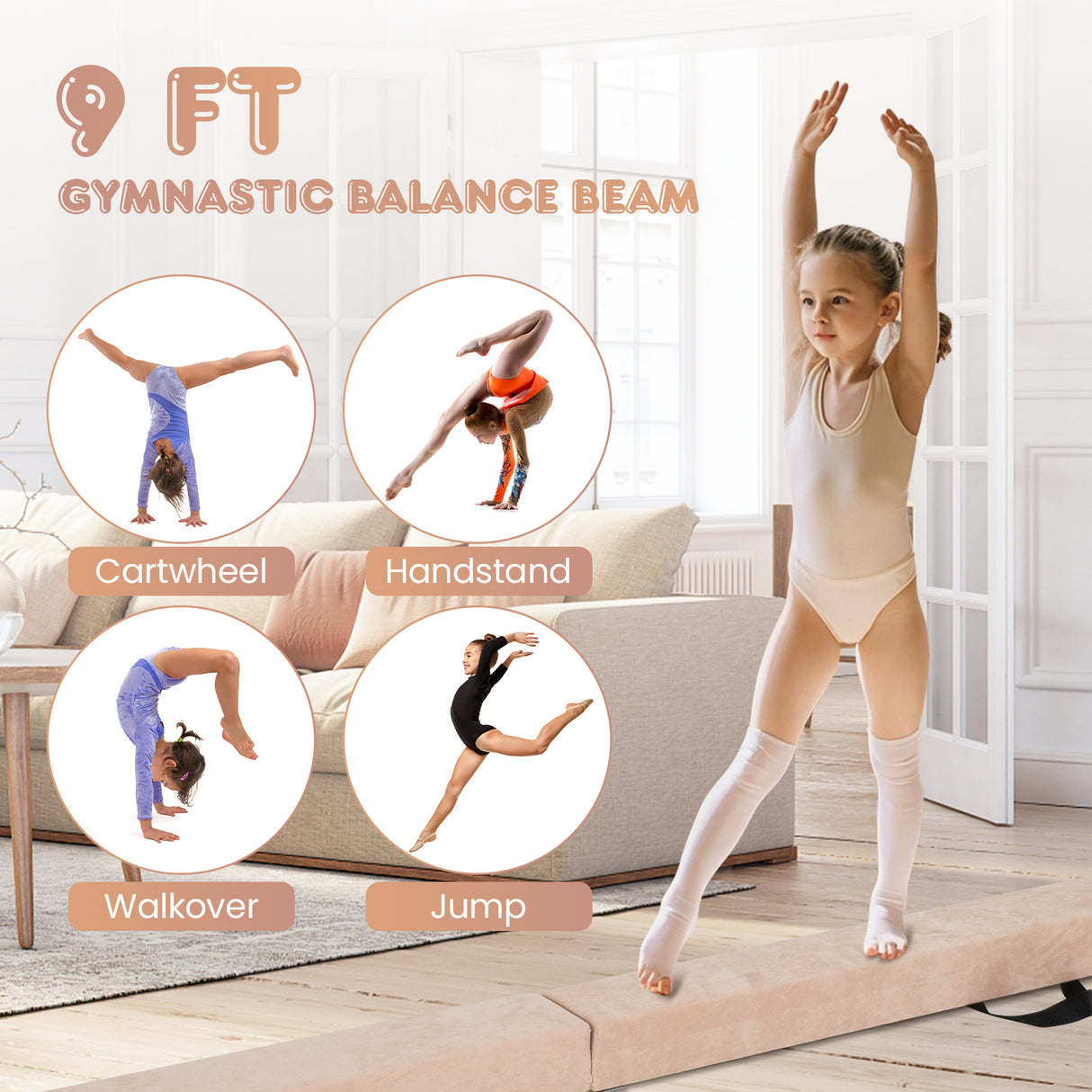 9 FT Folding Gymnastics Balance Beam with Anti-slip Base and Pine Wood Frame-Brown