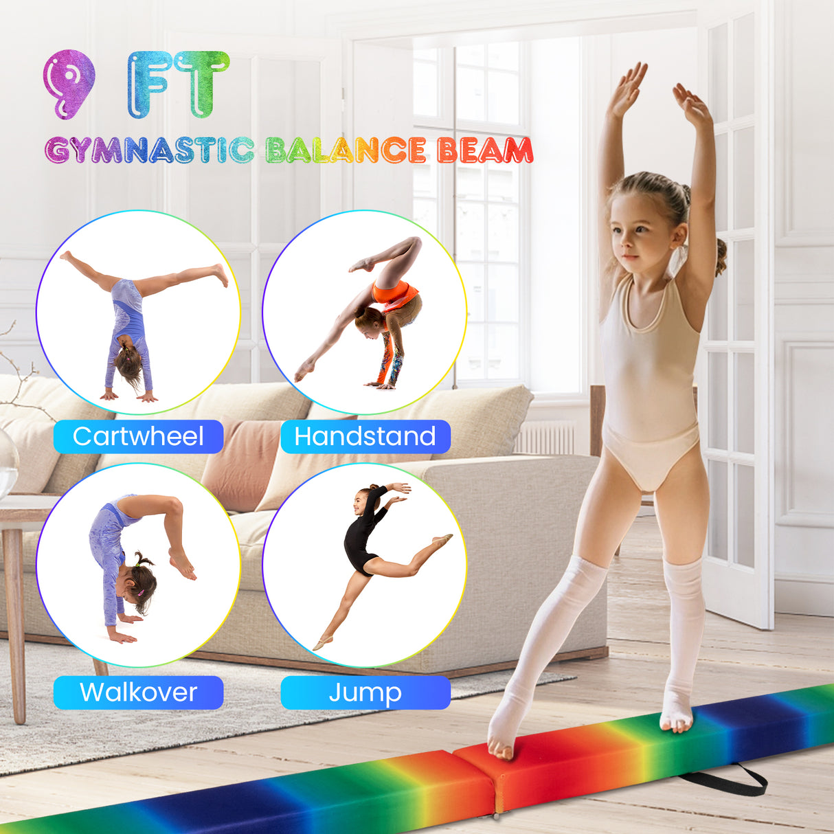 9 FT Folding Gymnastics Balance Beam with Anti-slip Base and Pine Wood Frame-Rainbow