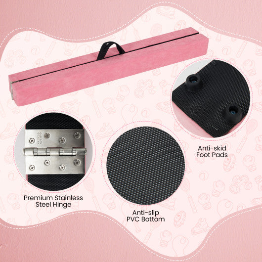 9 FT Folding Gymnastics Balance Beam with Anti-slip Base and Pine Wood Frame-Pink