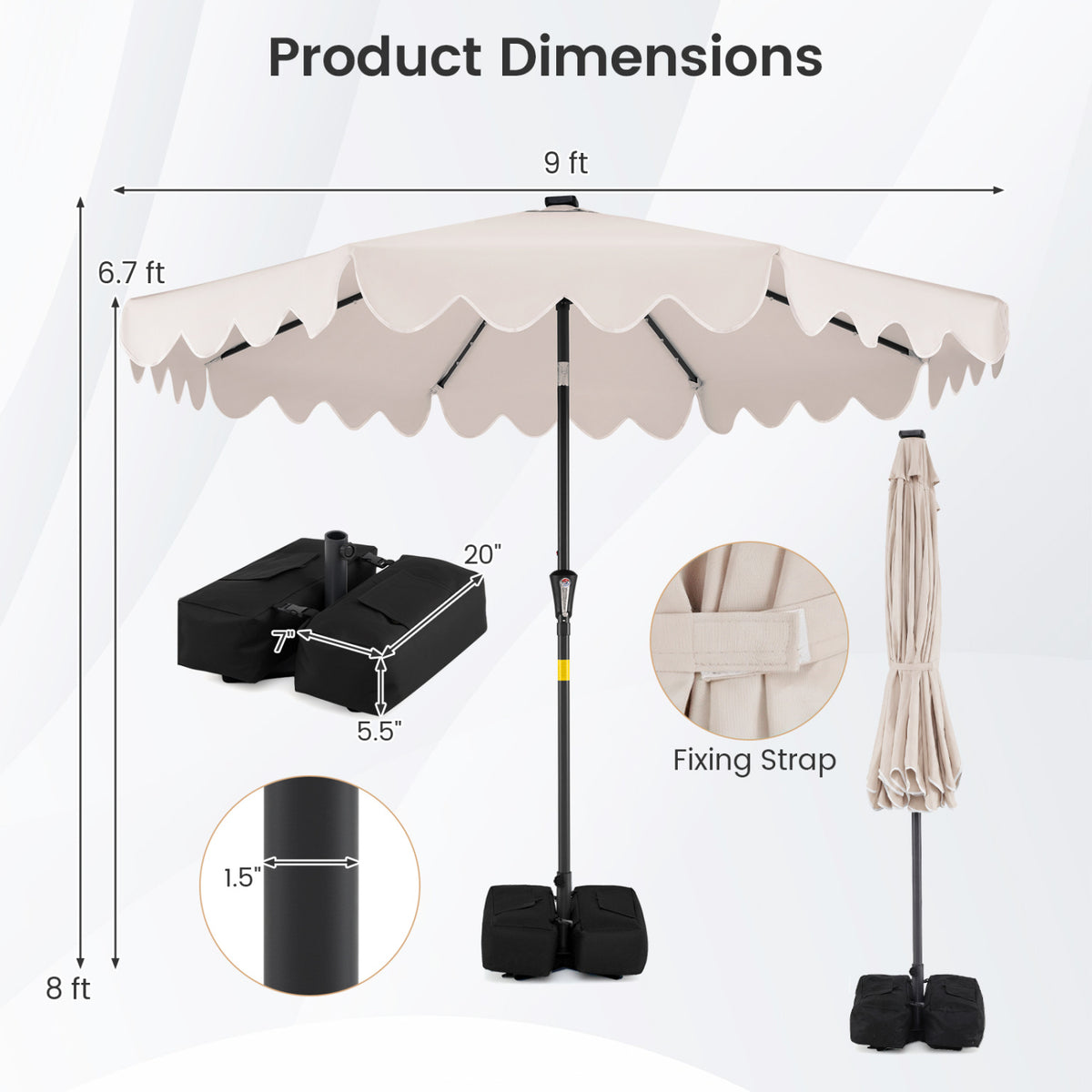 9 FT Outdoor Patio Umbrella with Solar LED Lights and Weighted Base-Beige