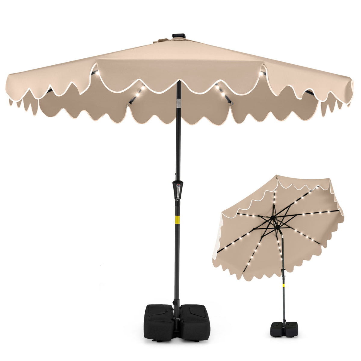 9 FT Outdoor Patio Umbrella with Solar LED Lights and Weighted Base-Brown