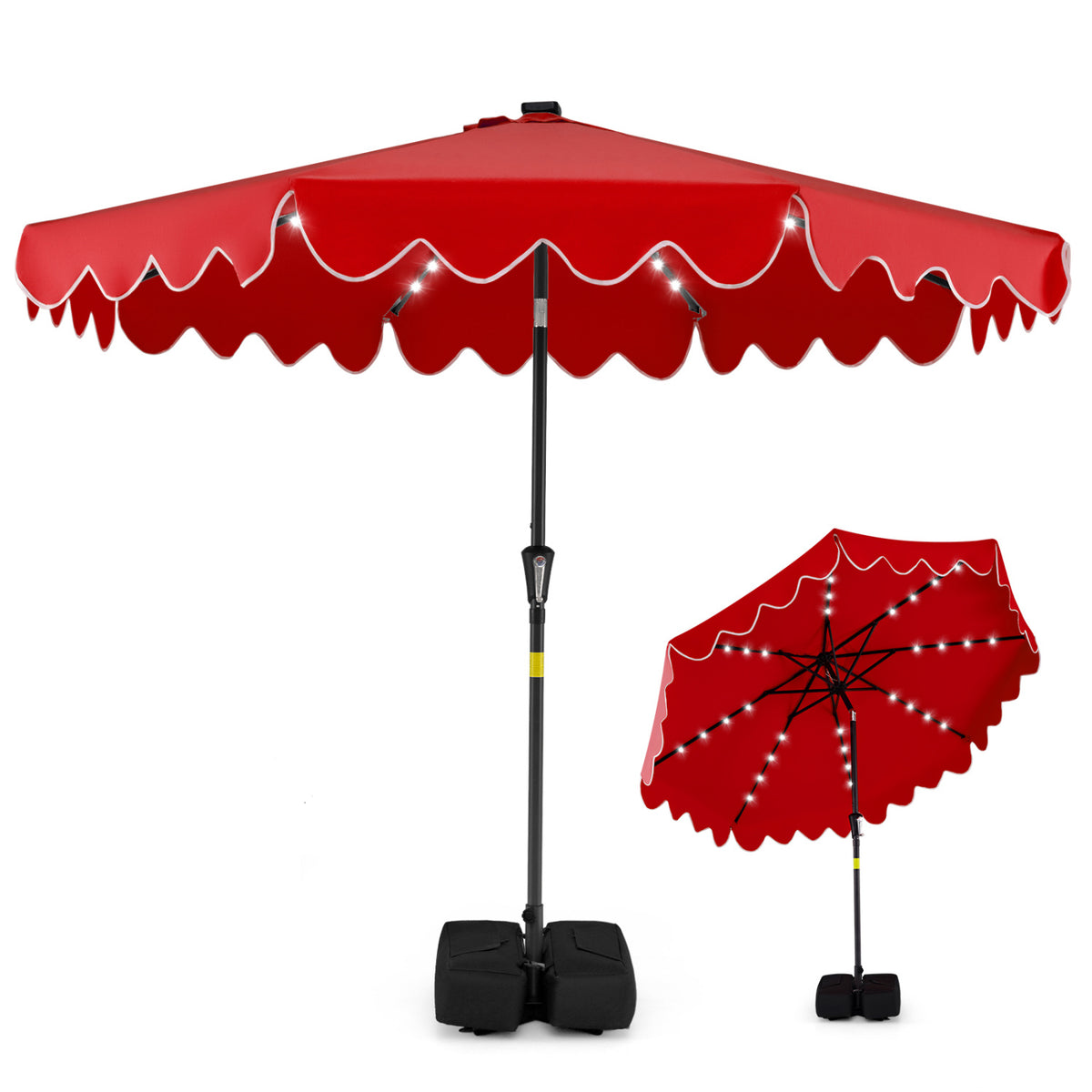 9 FT Outdoor Patio Umbrella with Solar LED Lights and Weighted Base-Red
