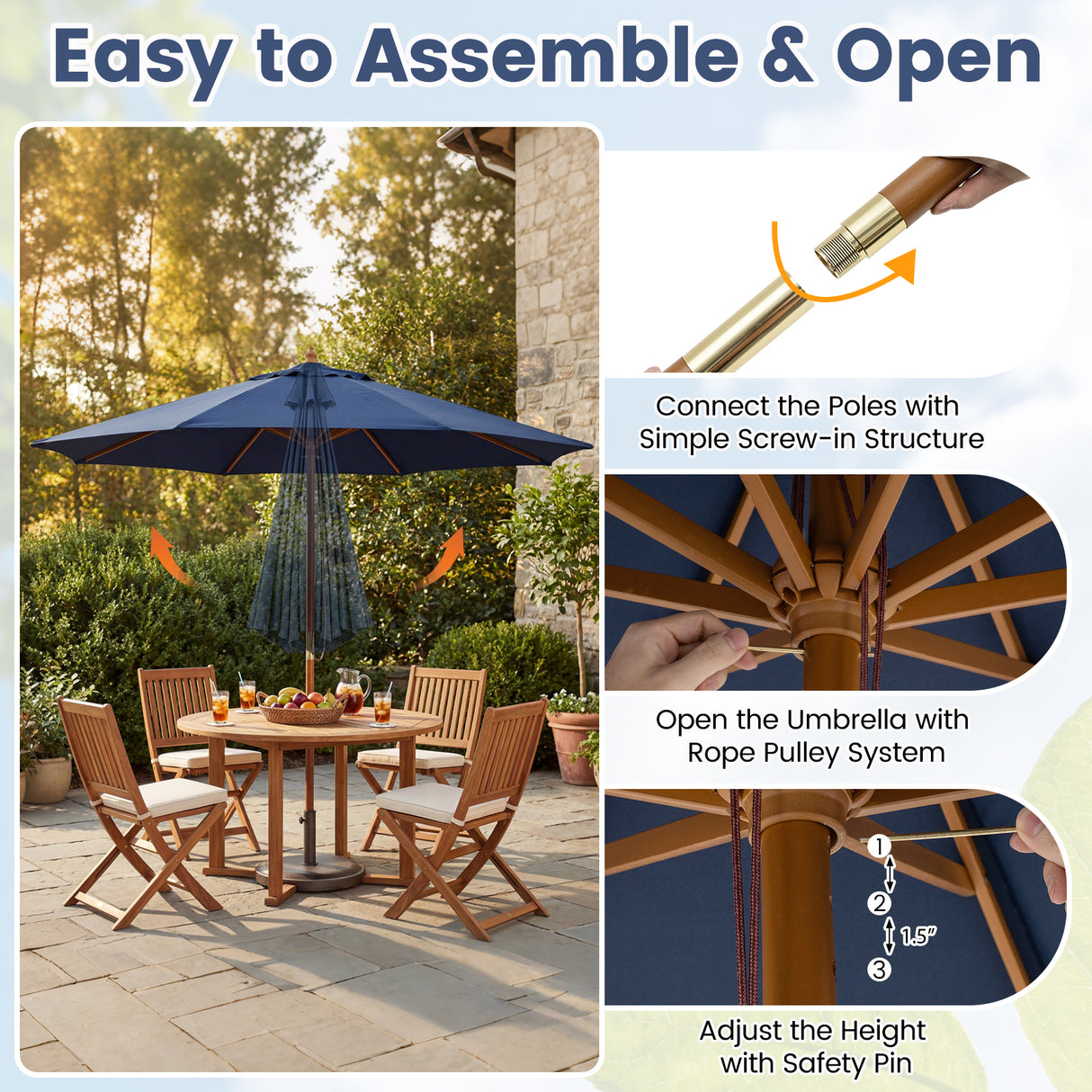 9 FT Patio Umbrella Outdoor Table Market Umbrella with 8 Sturdy Bamboo Ribs-Navy