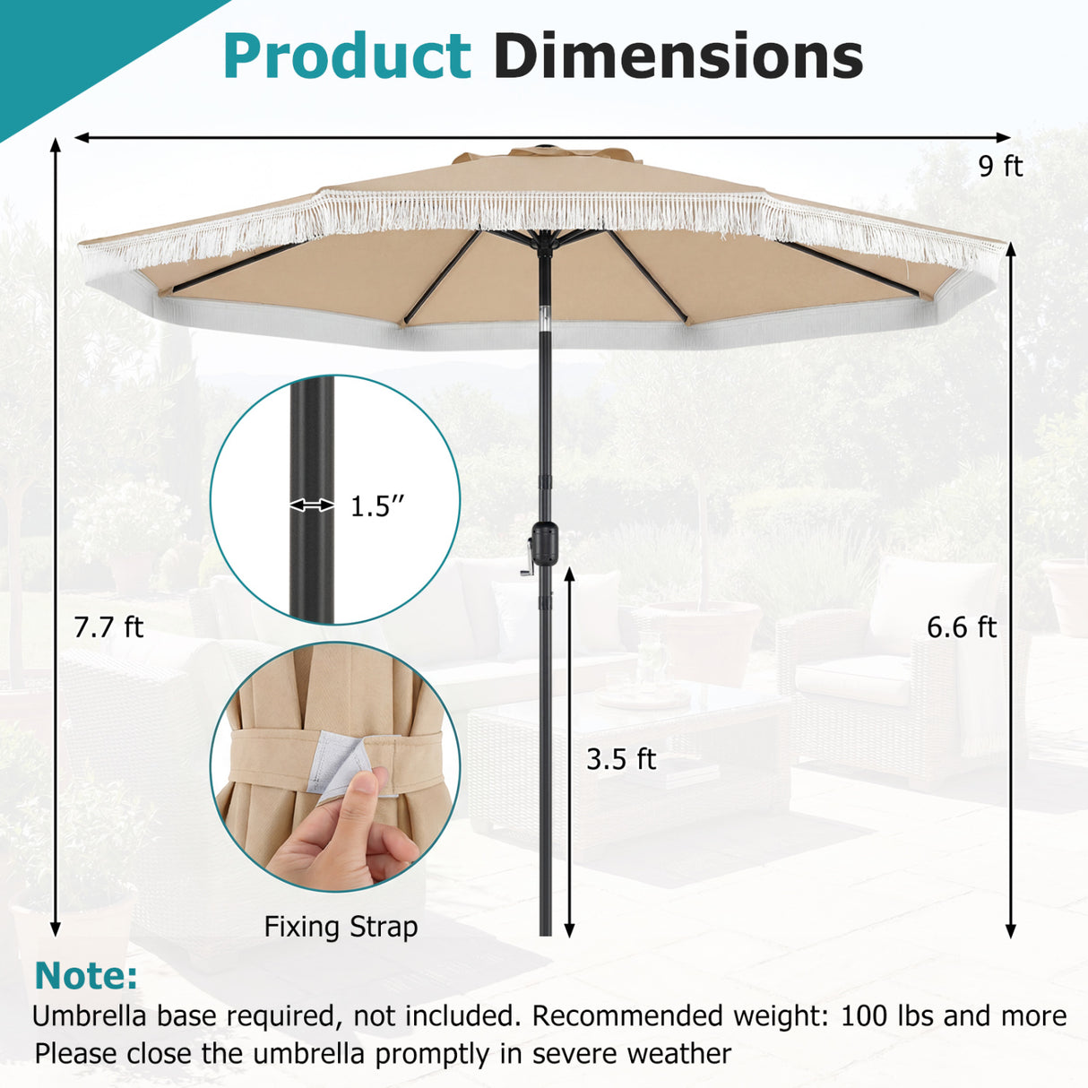 9 FT Patio Umbrella with Sun-Protective Canopy for Patio Garden Pool-Beige