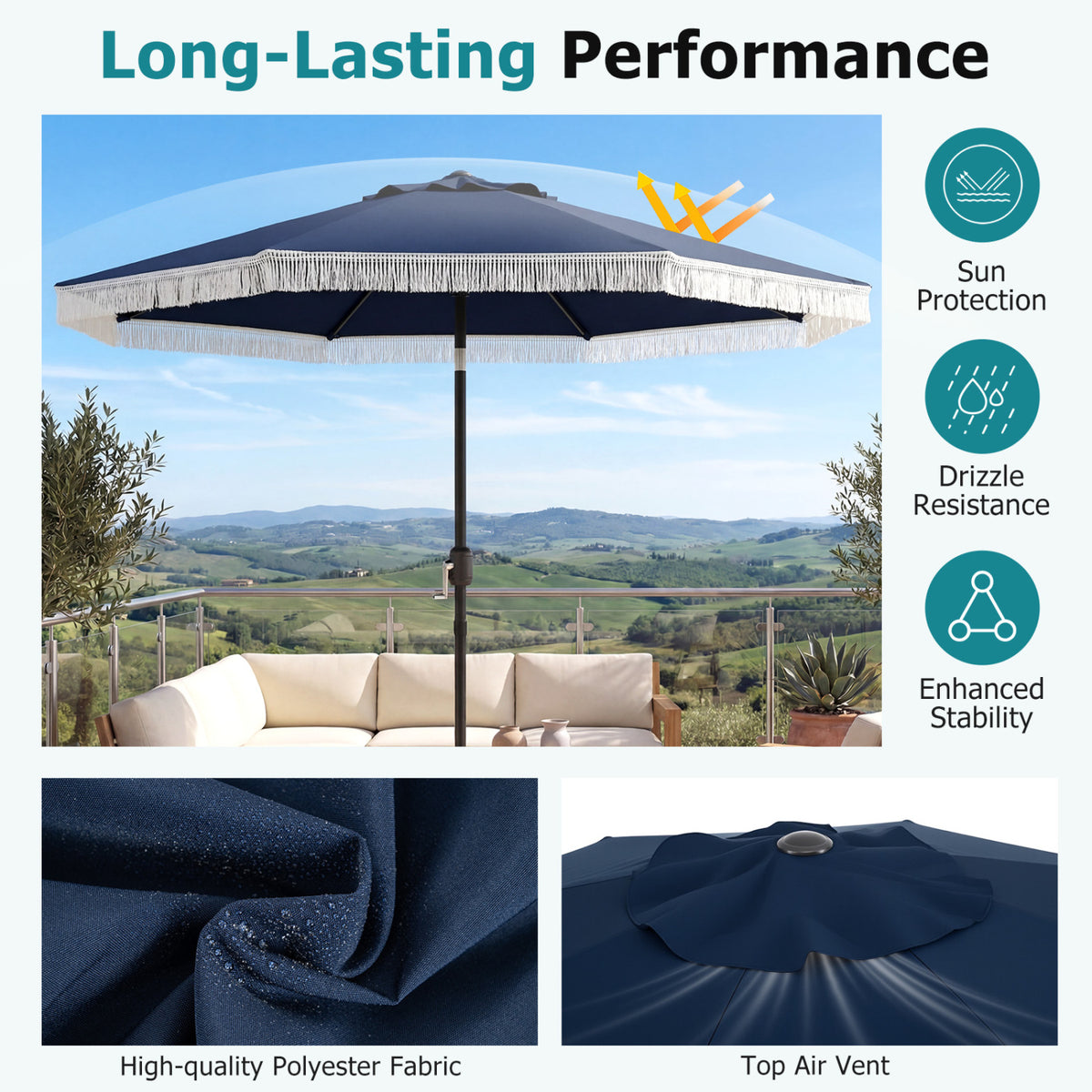 9 FT Patio Umbrella with Sun-Protective Canopy for Patio Garden Pool-Navy