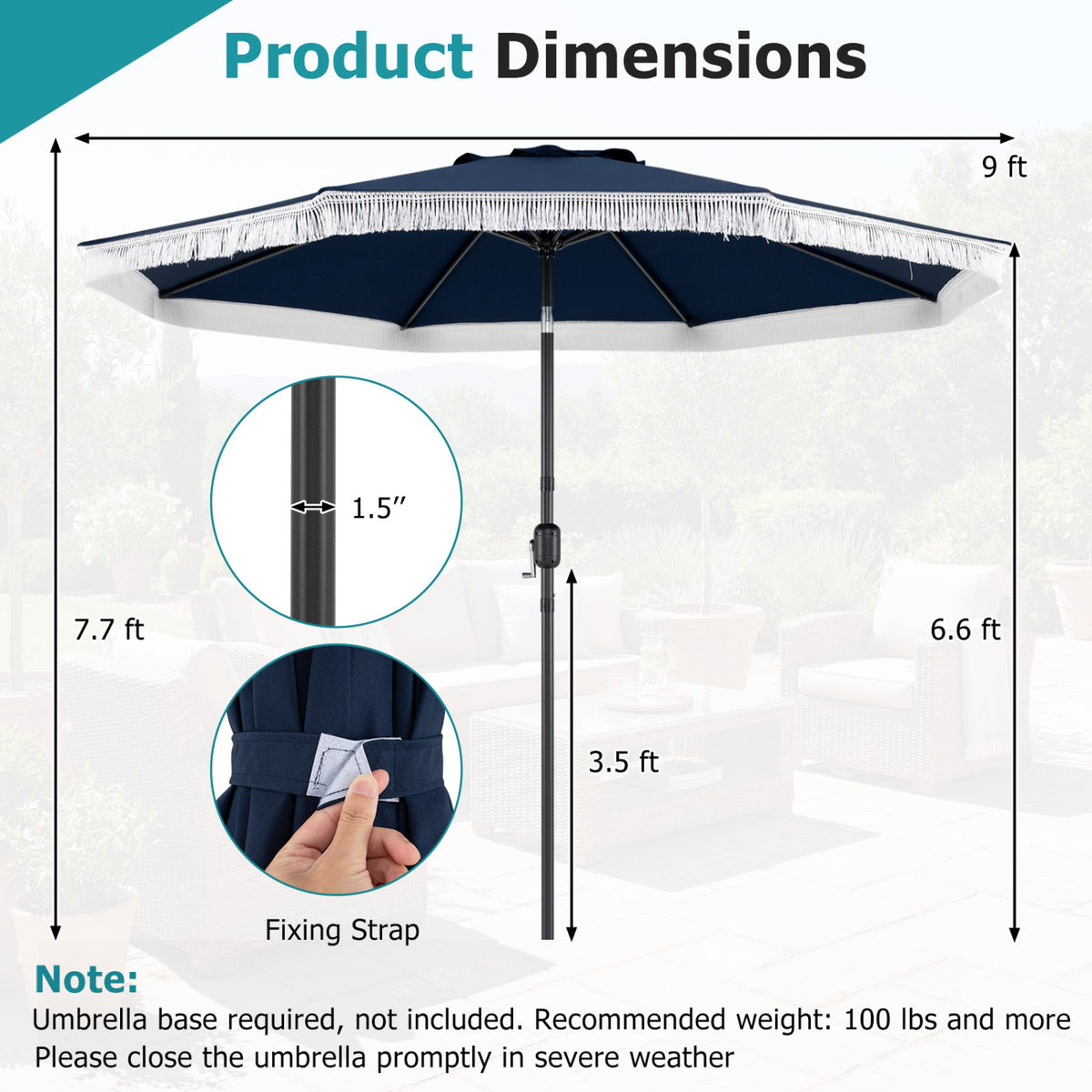 9 FT Patio Umbrella with Sun-Protective Canopy for Patio Garden Pool-Navy