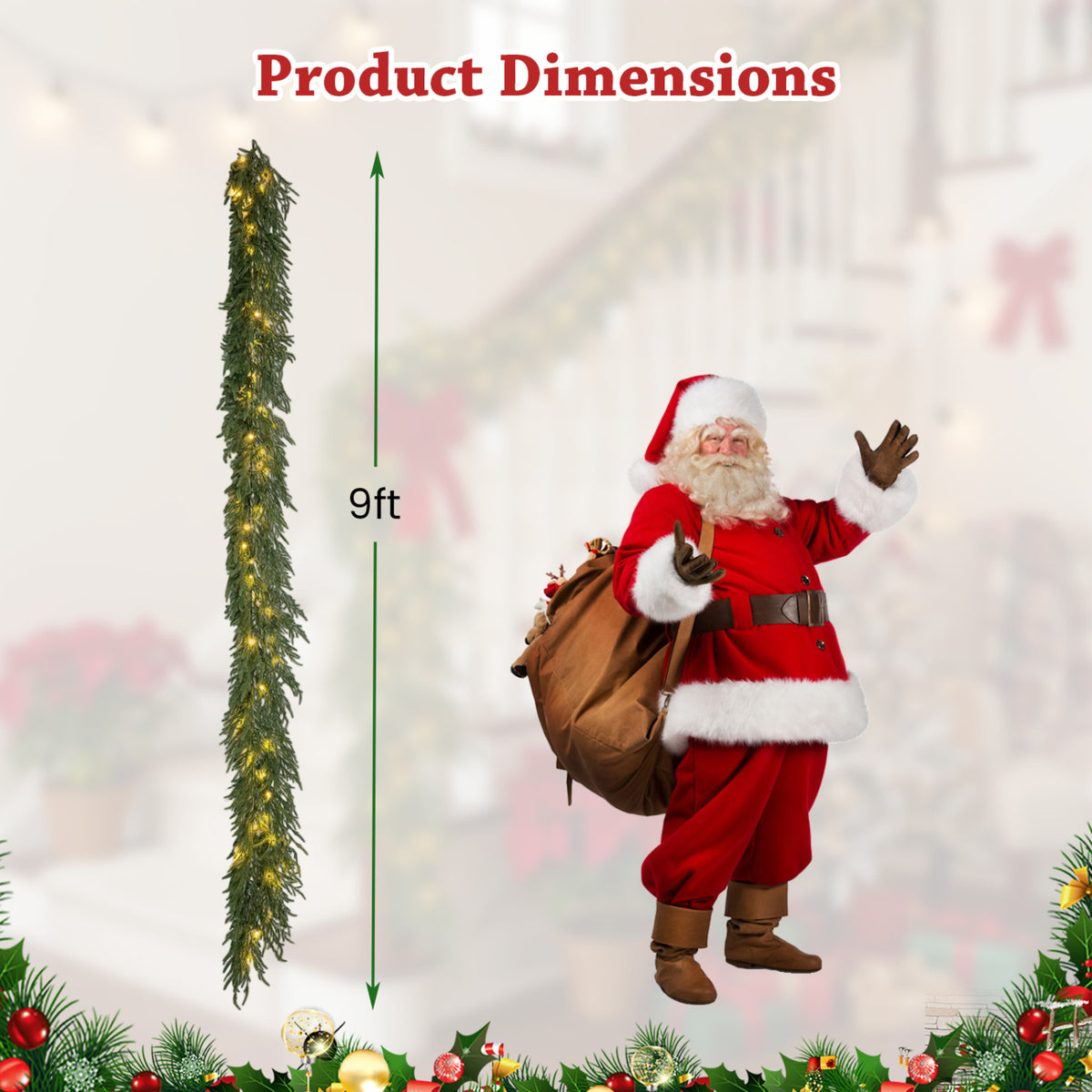 9 FT Pre-lit Artificial Cypress Christmas Garland with 50 Warm White LED Lights and 130 Branch Tips