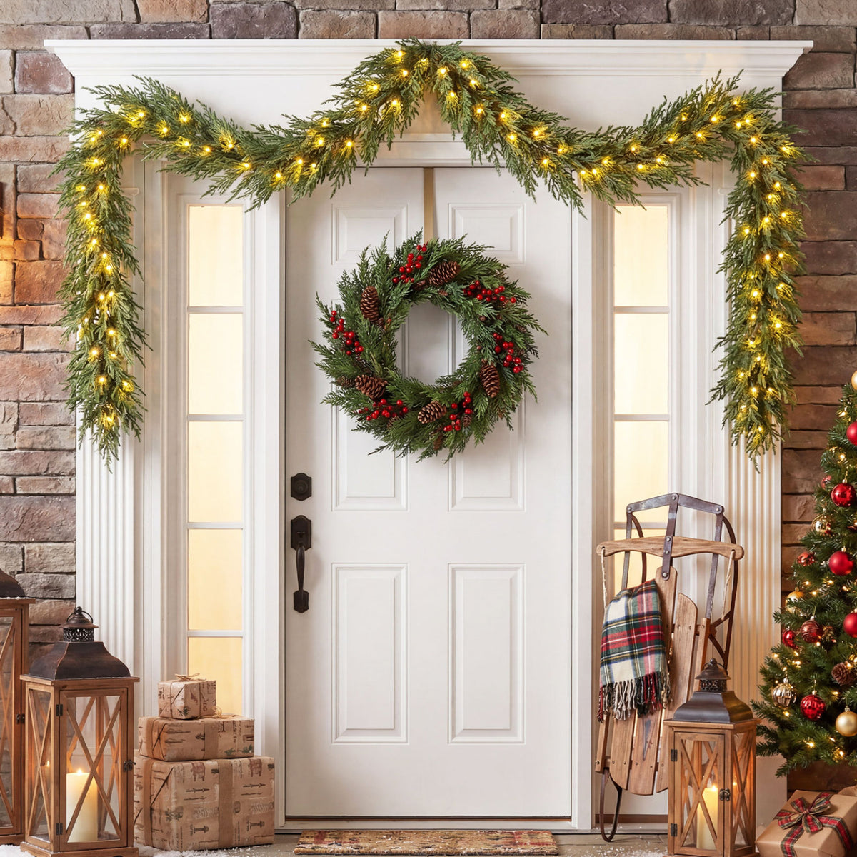 9 FT Pre-lit Artificial Cypress Christmas Garland with 50 Warm White LED Lights and 130 Branch Tips
