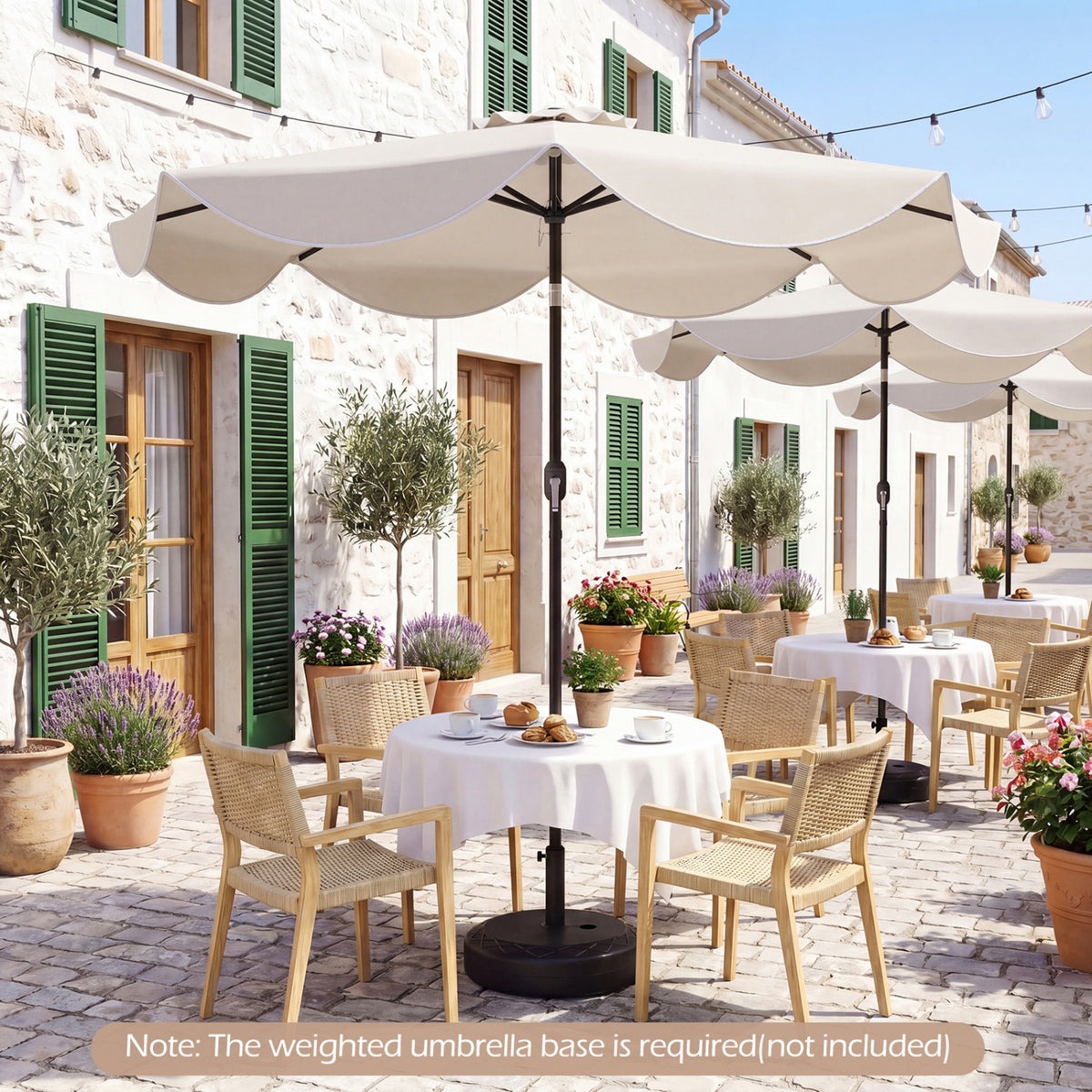 9 FT Scalloped Solar Patio Umbrella Market Table Umbrella with 24 LED Lights-Beige
