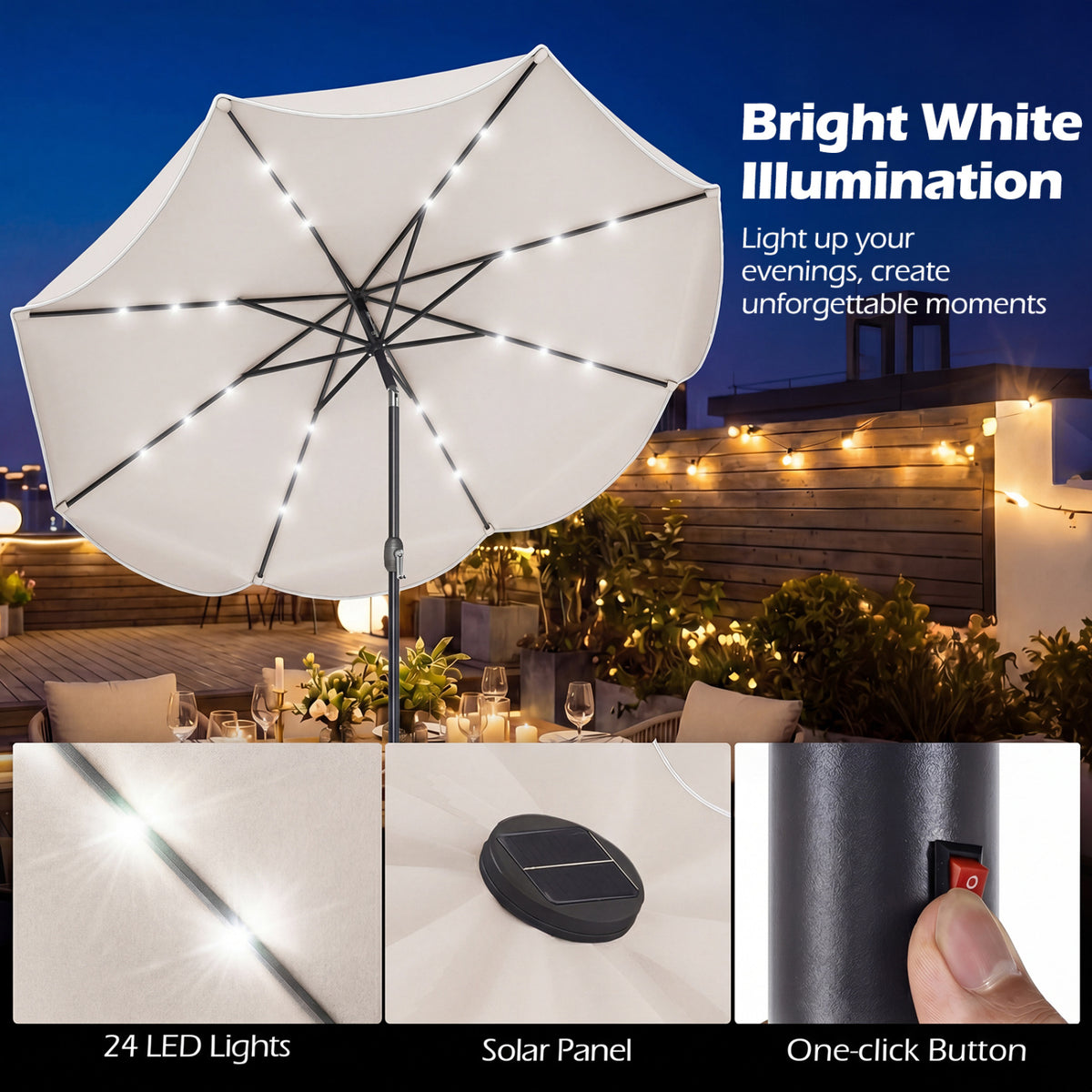 9 FT Scalloped Solar Patio Umbrella Market Table Umbrella with 24 LED Lights-Beige