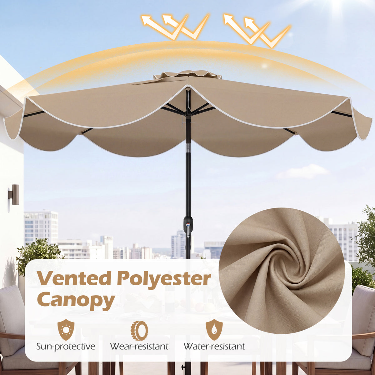 9 FT Scalloped Solar Patio Umbrella Market Table Umbrella with 24 LED Lights-Tan
