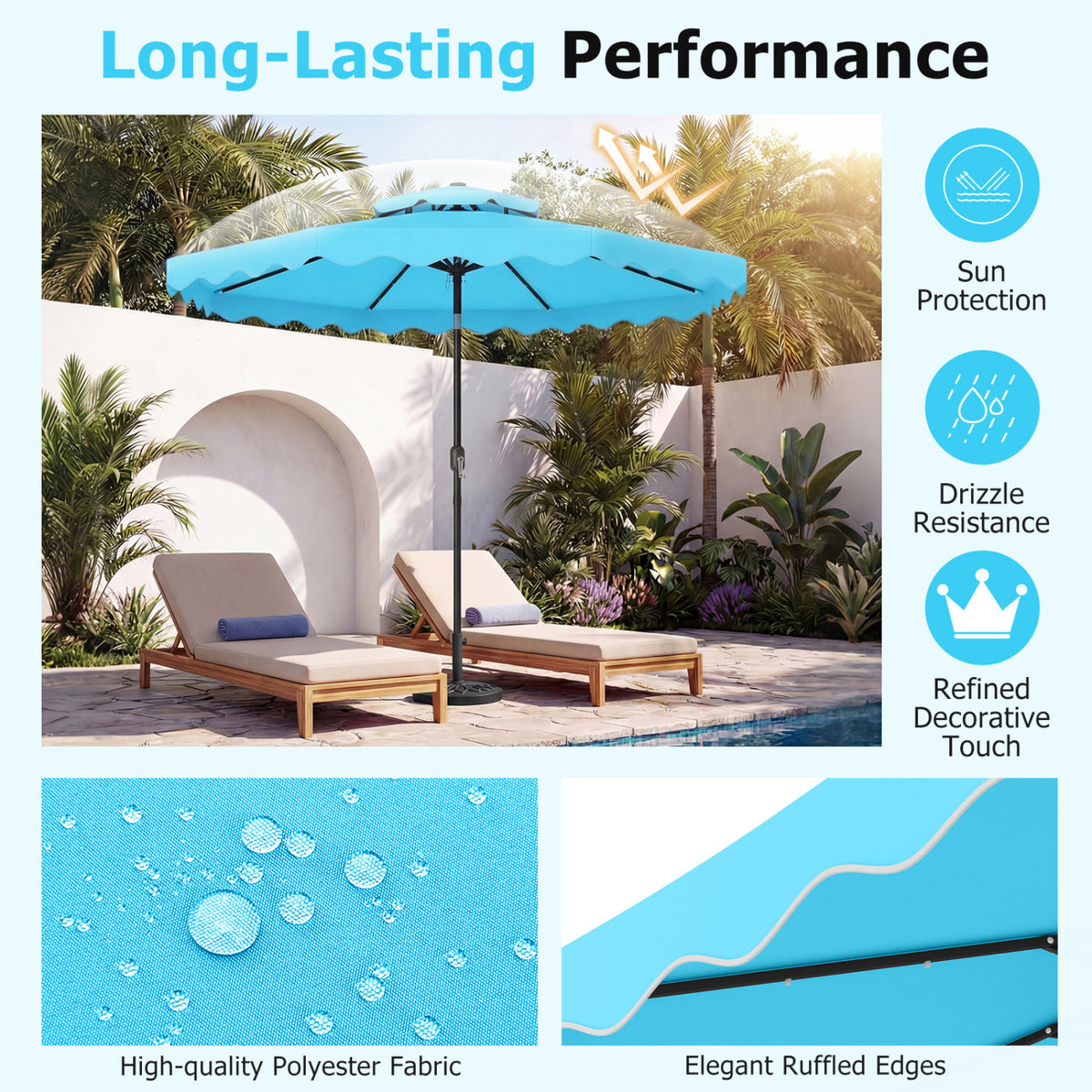 9 FT Solar LED Patio Umbrella Push-Button Tilt and Crank 24 LED Lights and 8 Ribs-Turquoise