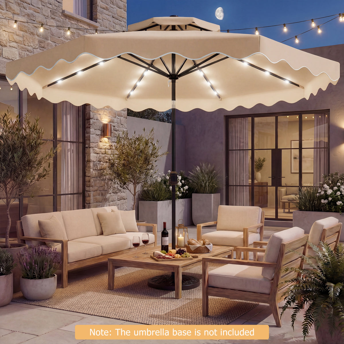 9 FT Solar LED Patio Umbrella Push-Button Tilt and Crank 24 LED Lights and 8 Ribs-Beige