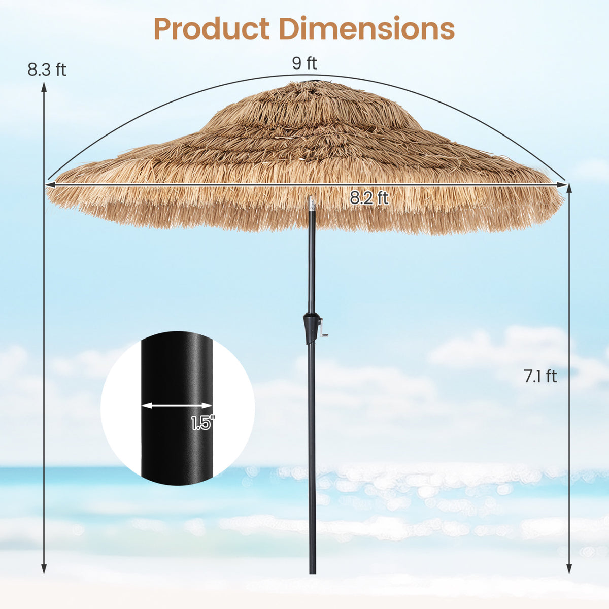 9 FT Solar Thatched Tiki Umbrella with 96 Multi-colored Flowing Lights and 12 Modes-Beige