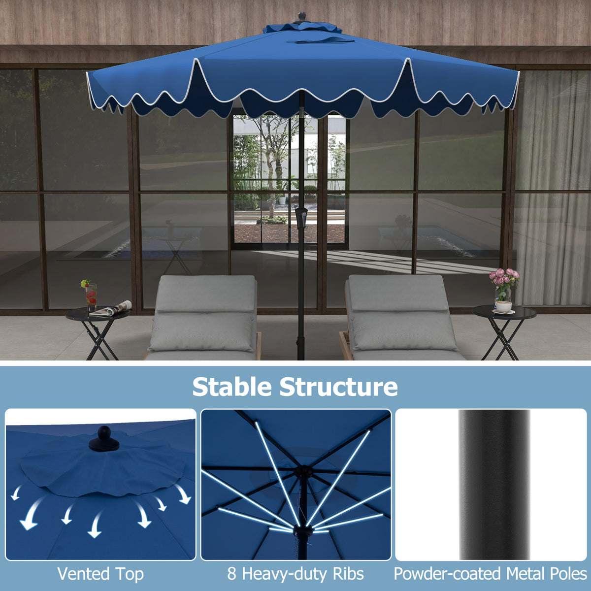 9 Feet Patio Umbrella with Crank Handle and Push Button Tilt-Navy