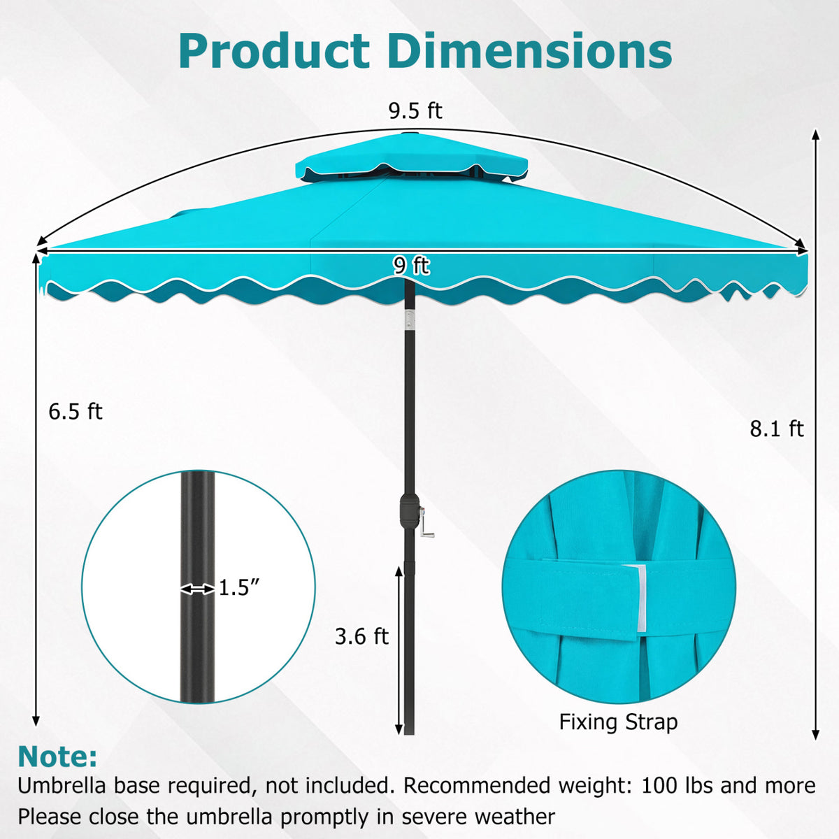 9 Feet Patio Umbrella with Push Button Tilt and Crank-Turquoise