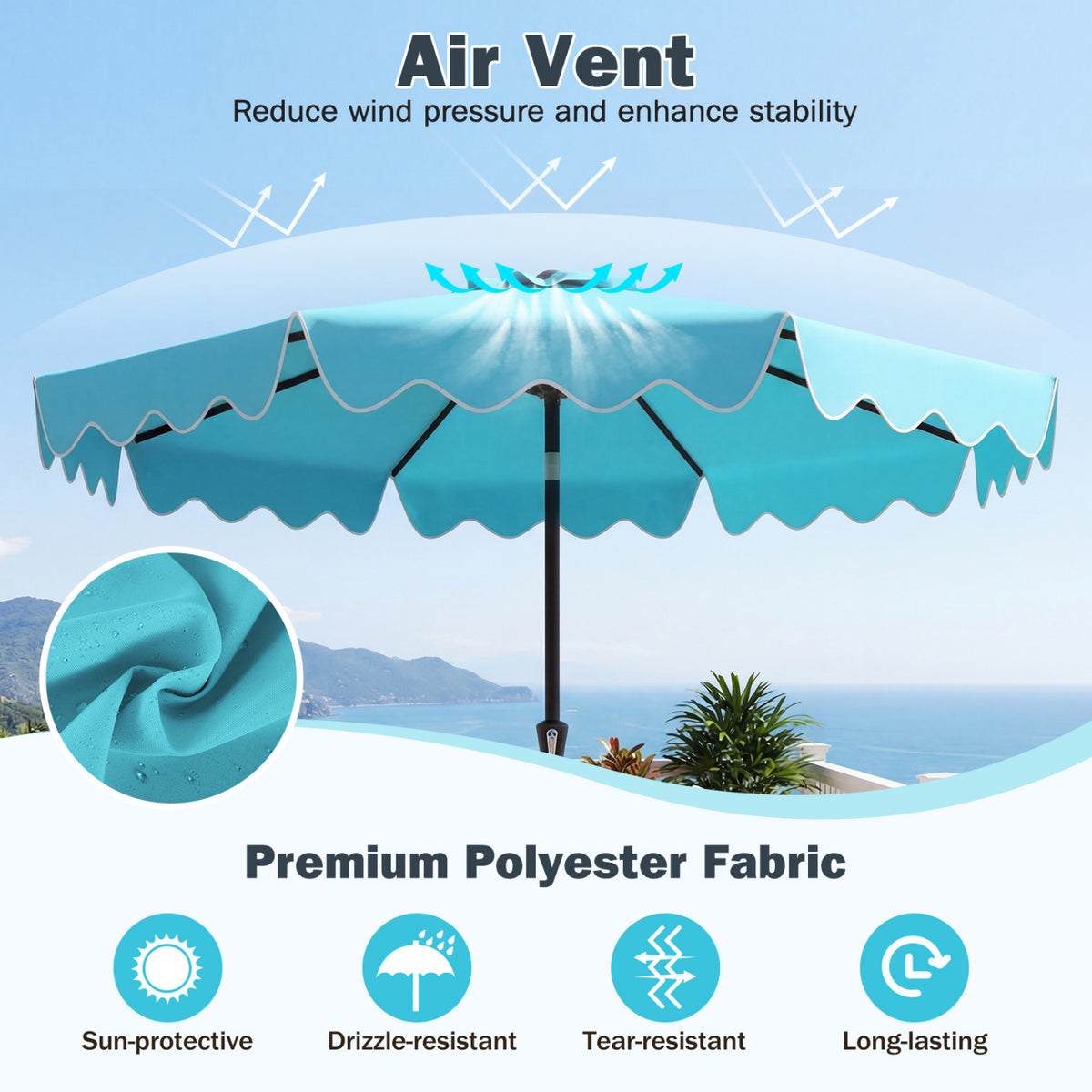 9 Feet Patio Umbrella with Weighted Base and Sandbags-Turquoise