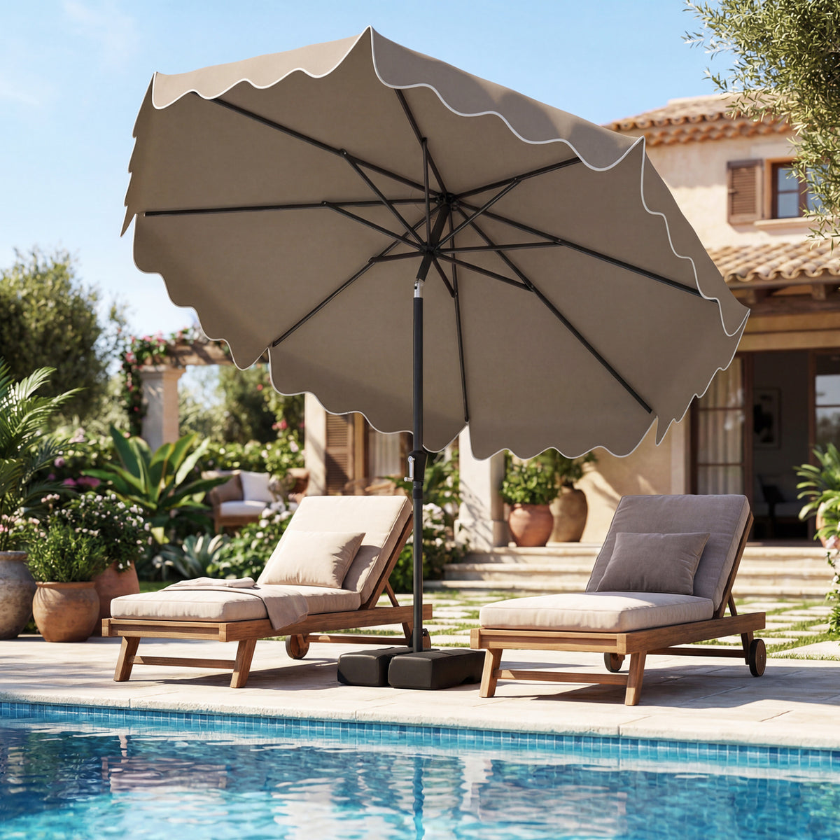 9 Feet Patio Umbrella with Weighted Base and Sandbags-Brown