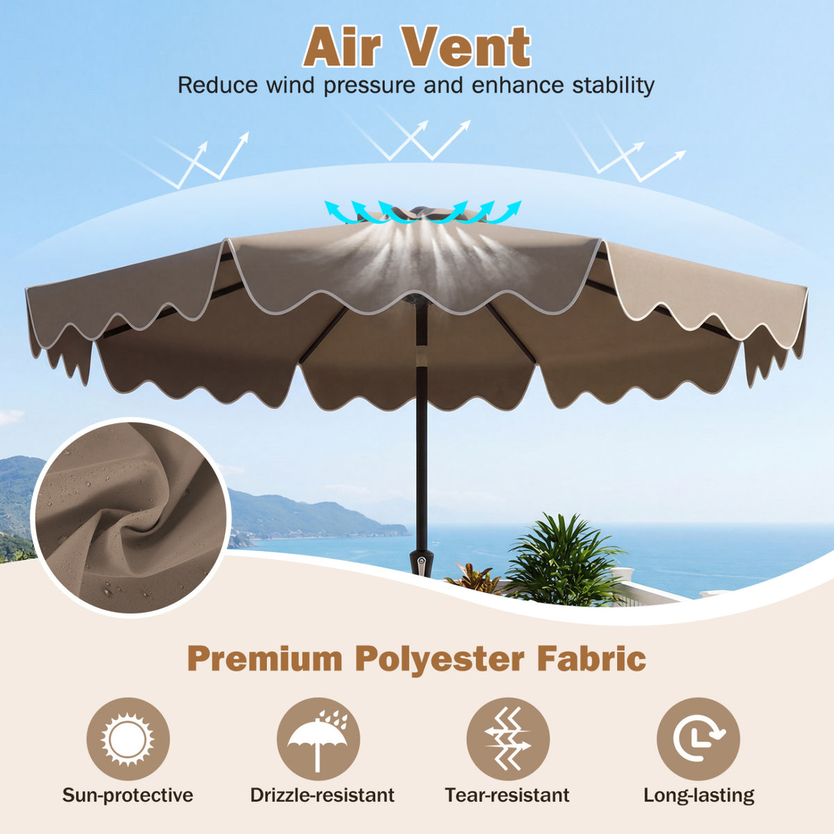 9 Feet Patio Umbrella with Weighted Base and Sandbags-Brown