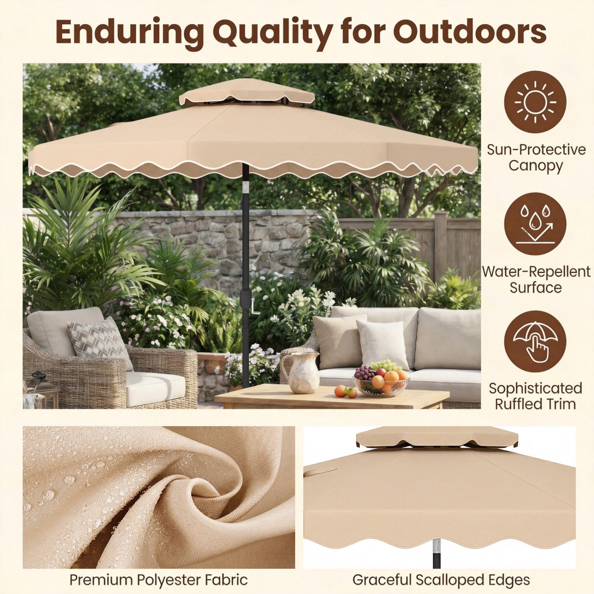 9 Feet Patio Umbrella with Push Button Tilt and Crank-Beige