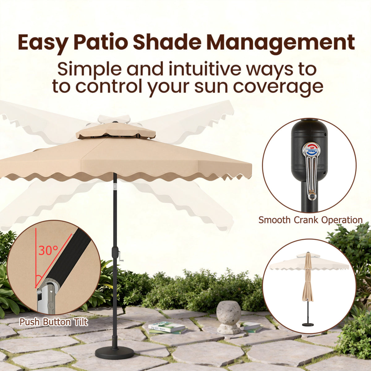 9 Feet Patio Umbrella with Push Button Tilt and Crank-Beige