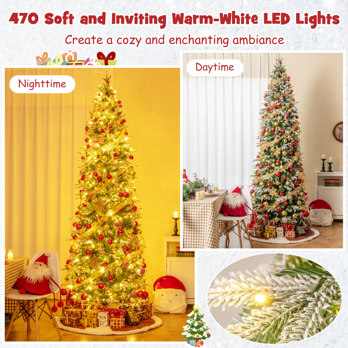 6/7.5/9 Feet Pre-Lit Artificial Christmas Tree Snow Flocked Hinged-9 FT