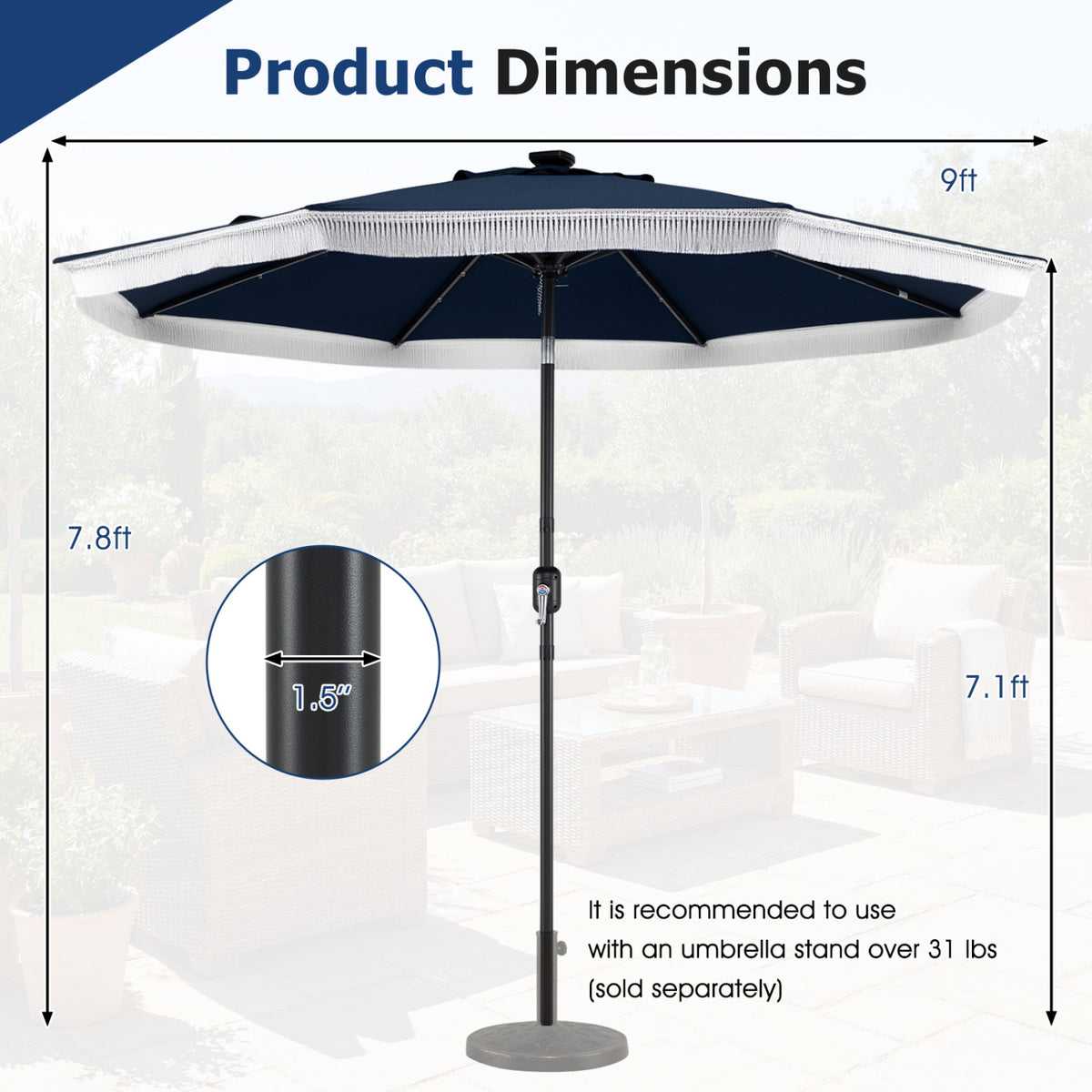 9 Feet Solar Patio Umbrella with 24 LED Lights for Yard-Navy