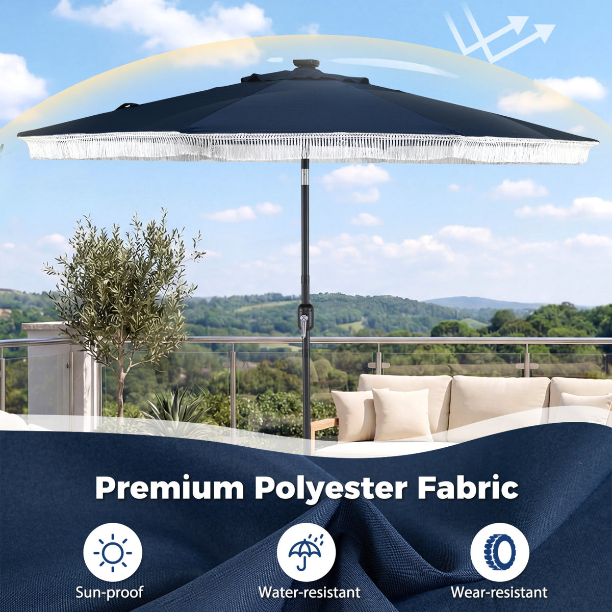9 Feet Solar Patio Umbrella with 24 LED Lights for Yard-Navy