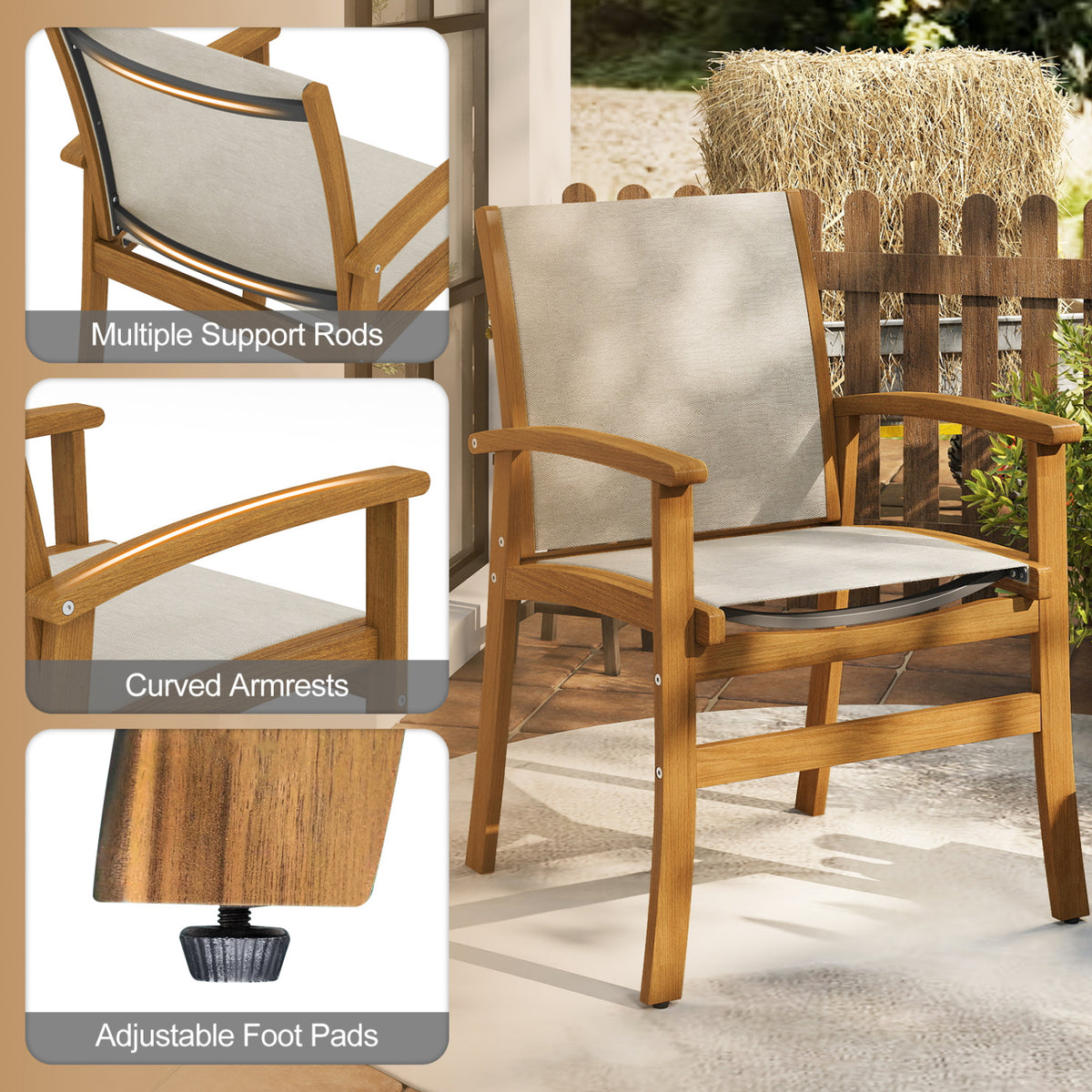 9-Piece Acacia Wood Outdoor Patio Dining Set with 80†Rectangular Table and Breathable Fabric Armchairs-Yellow