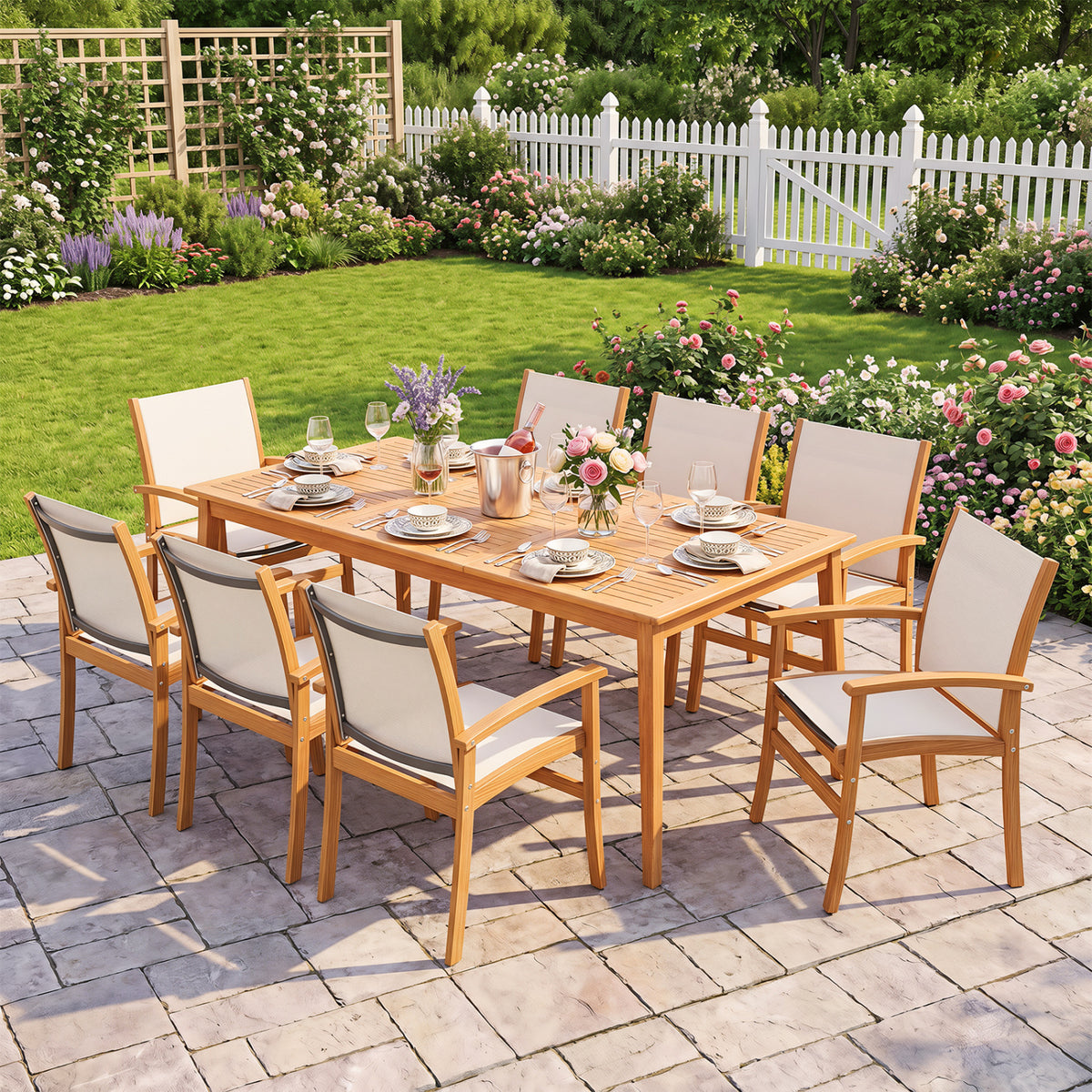 9-Piece Acacia Wood Outdoor Patio Dining Set with 80†Rectangular Table and Breathable Fabric Armchairs-Yellow