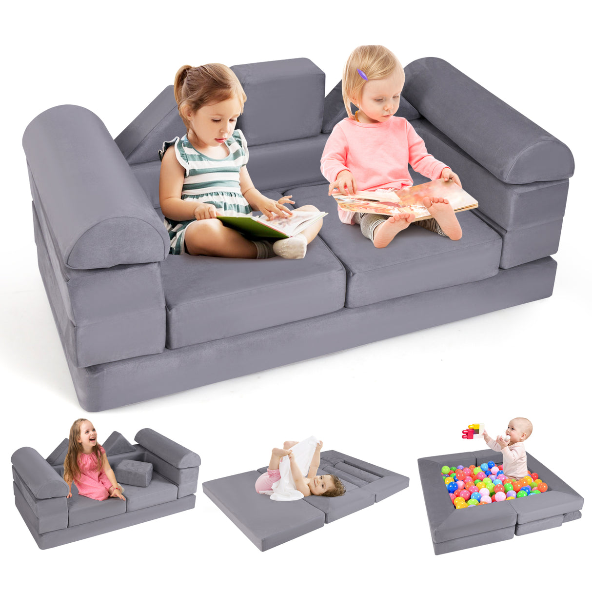 9-Piece Climb and Crawl Foam and Floor Playset with Breathable Suede Fabric-Gray