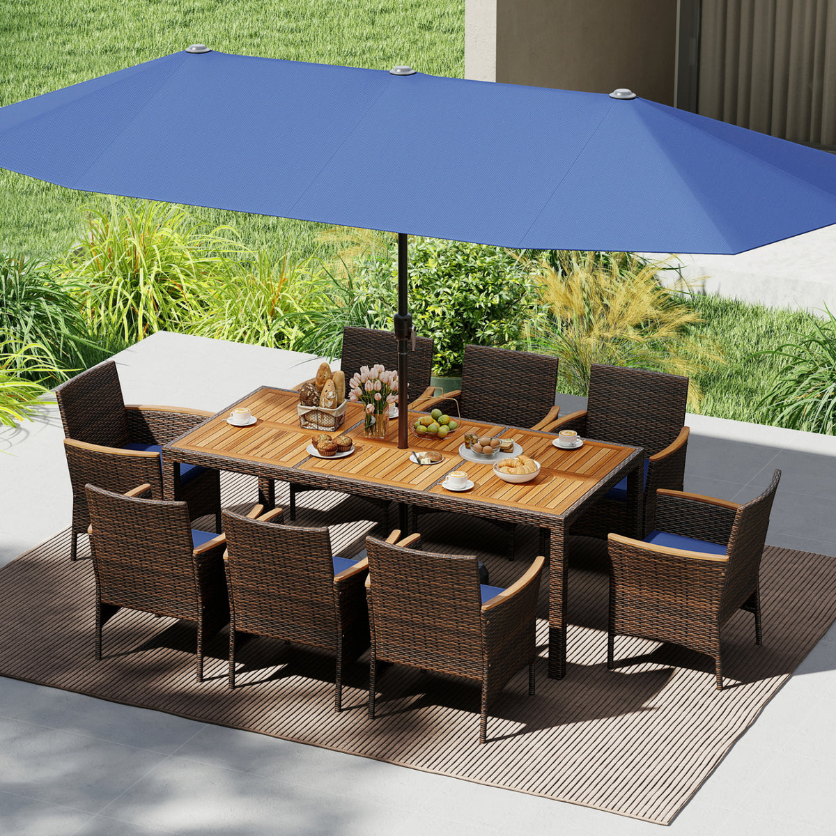 9 Piece Outdoor Dining Set with Acacia Wood Table Top-Navy
