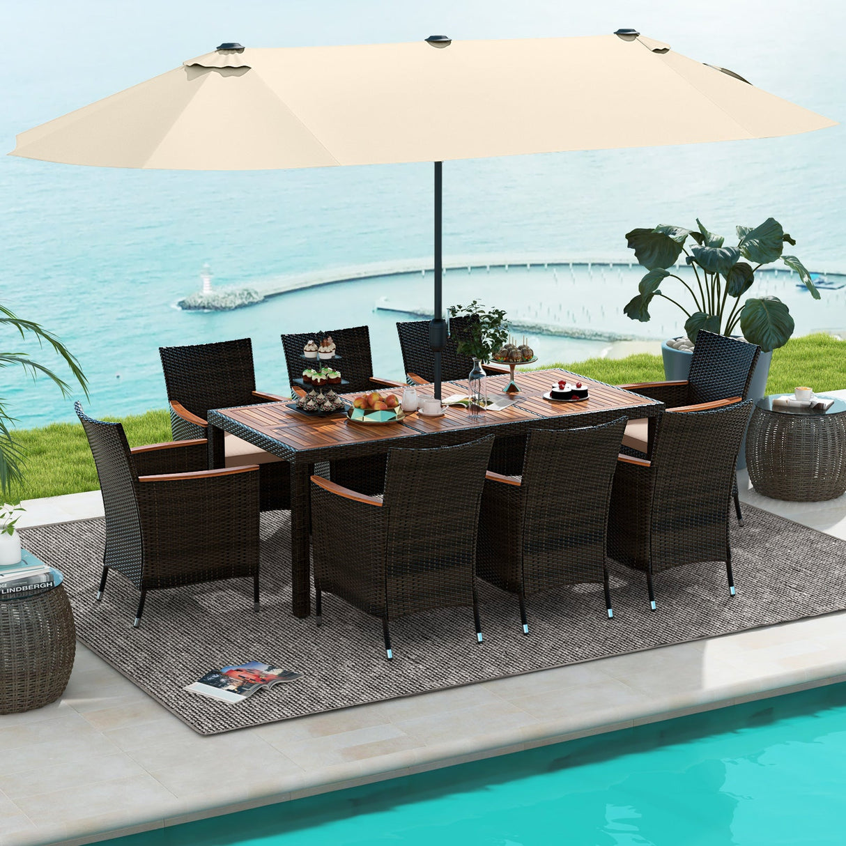 10 Piece Outdoor Dining Set with 15 Feet Double-Sided Twin Patio Umbrella-Beige by DirectDeals