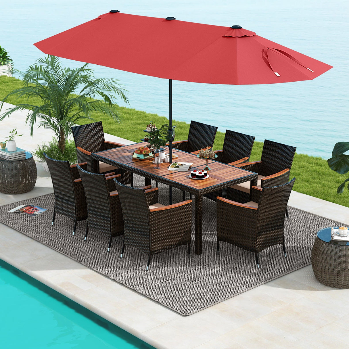 10 Piece Outdoor Dining Set with 15 Feet Double-Sided Twin Patio Umbrella-Red by DirectDeals