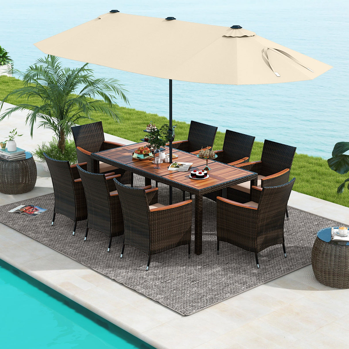 10 Piece Outdoor Dining Set with 15 Feet Double-Sided Twin Patio Umbrella-Beige by DirectDeals