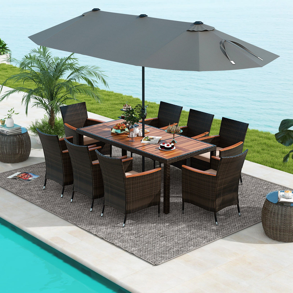 10 Piece Outdoor Dining Set with 15 Feet Double-Sided Twin Patio Umbrella-Gray by DirectDeals