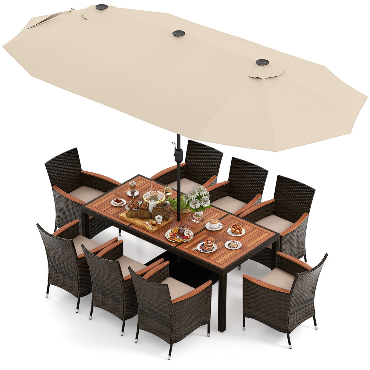 10 Piece Outdoor Dining Set with 15 Feet Double-Sided Twin Patio Umbrella-Beige by DirectDeals