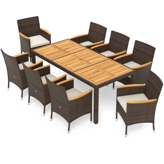 9 Piece Outdoor Dining Set with Acacia Wood Table Top-Beige