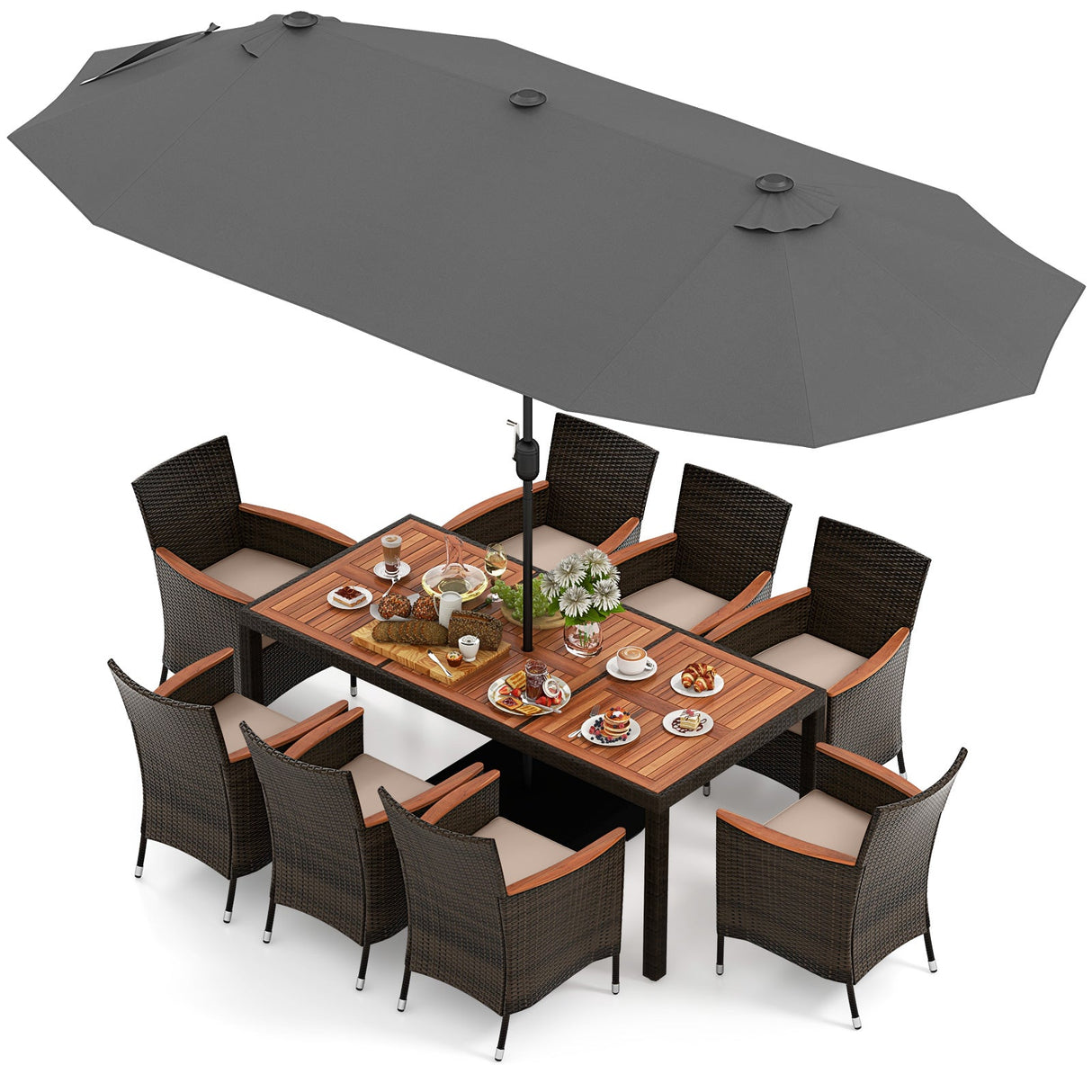10 Piece Outdoor Dining Set with 15 Feet Double-Sided Twin Patio Umbrella-Gray by DirectDeals