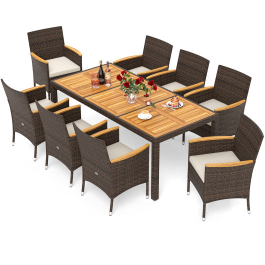9 Piece Outdoor Dining Set with Acacia Wood Table Top-Beige