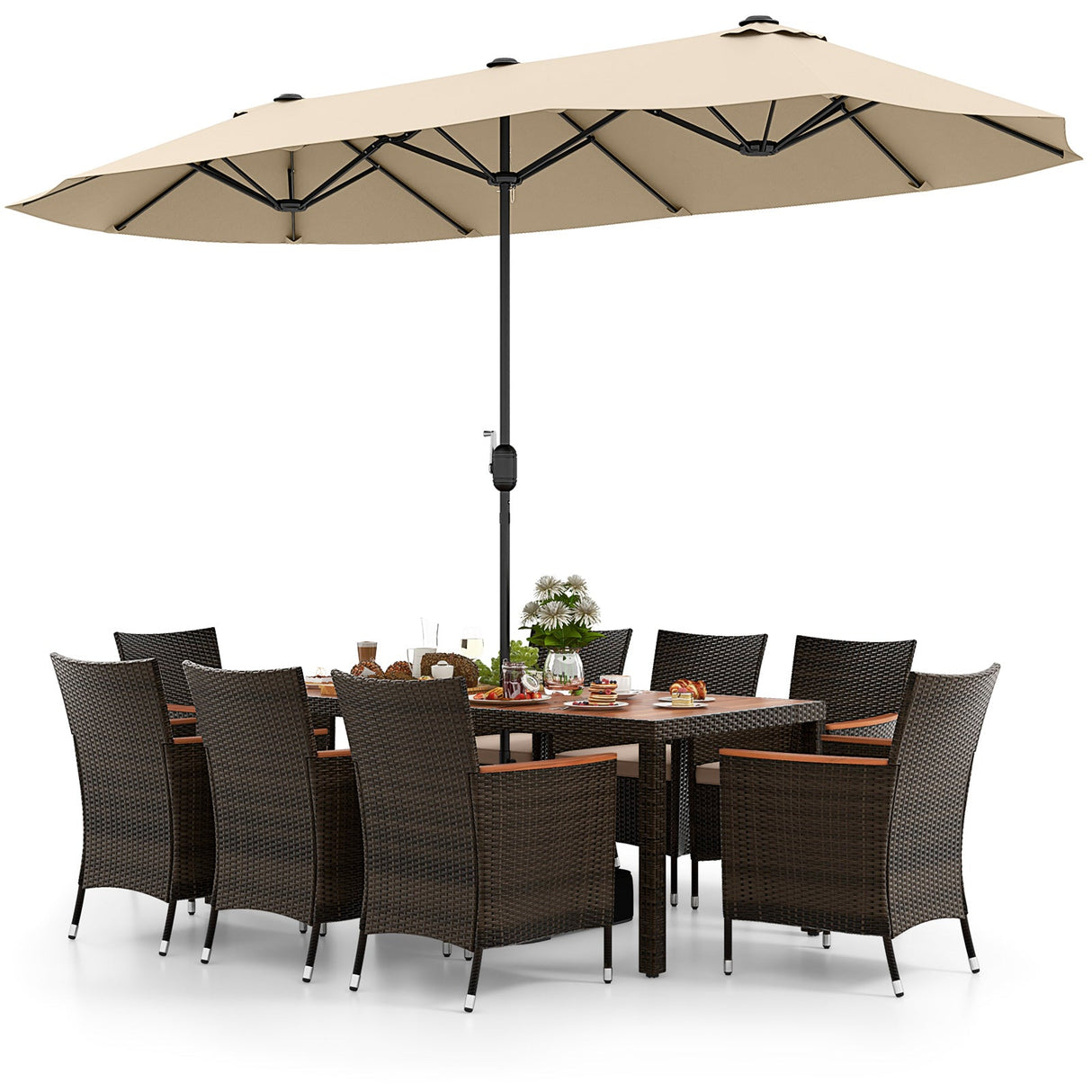 10 Piece Outdoor Dining Set with 15 Feet Double-Sided Twin Patio Umbrella-Beige by DirectDeals