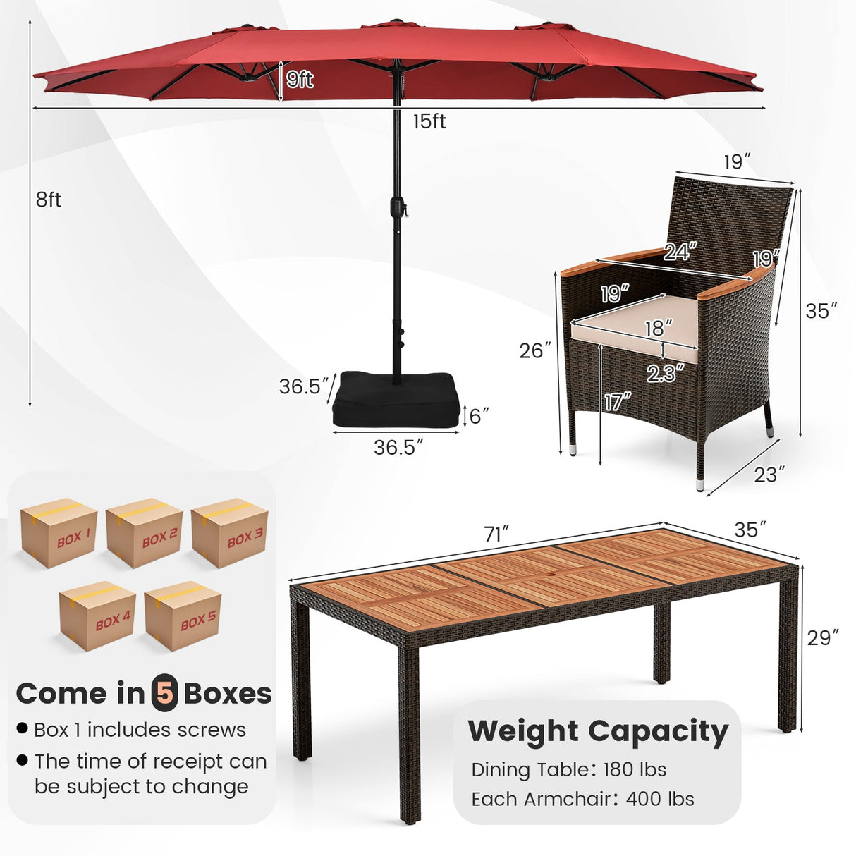 10 Piece Outdoor Dining Set with 15 Feet Double-Sided Twin Patio Umbrella-Red by DirectDeals